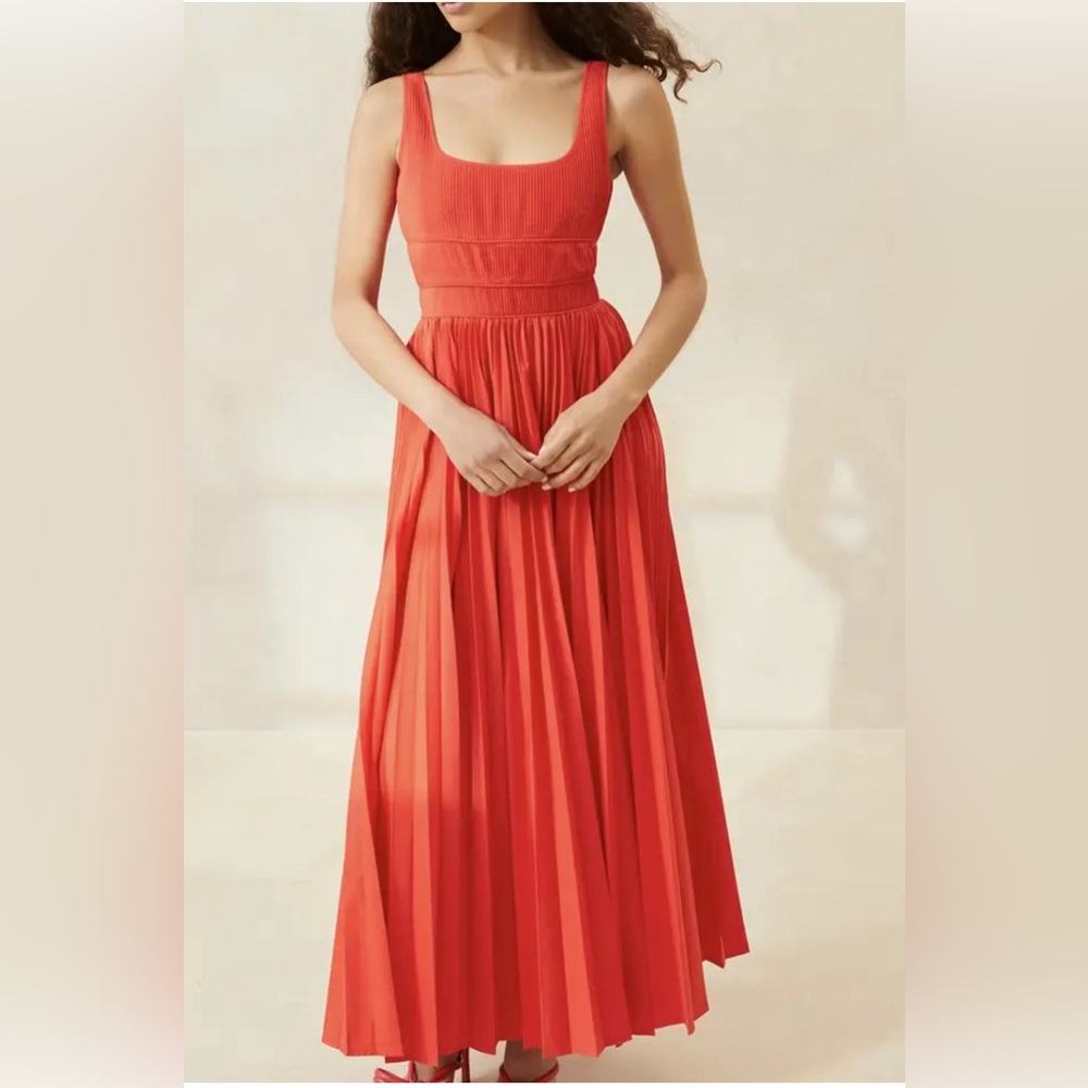 Loeffler Randall Bea Pleated Midi Dress Women's Poppy/Orange Sleeveless Square